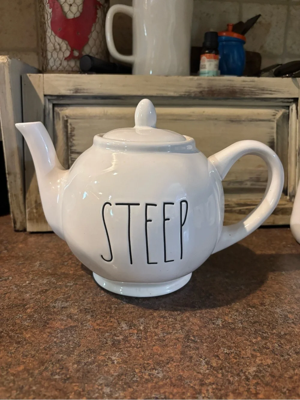 Rae Dunn White Ceramic Teapot with 'STEEP' Lettering